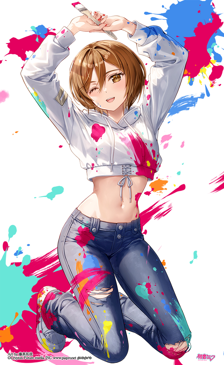 1girl ;d arms_up blue_pants blush brown_eyes brown_hair commentary_request crop_top denim drawstring fujima_takuya full_body hair_between_eyes head_tilt holding holding_paintbrush hood hood_down hoodie jeans long_sleeves looking_at_viewer meiko_(vocaloid) midriff navel official_art one_eye_closed open_mouth paint_splatter paintbrush pants puffy_long_sleeves puffy_sleeves shoes short_hair simple_background smile solo torn_clothes torn_pants vocaloid white_background white_hoodie white_shoes