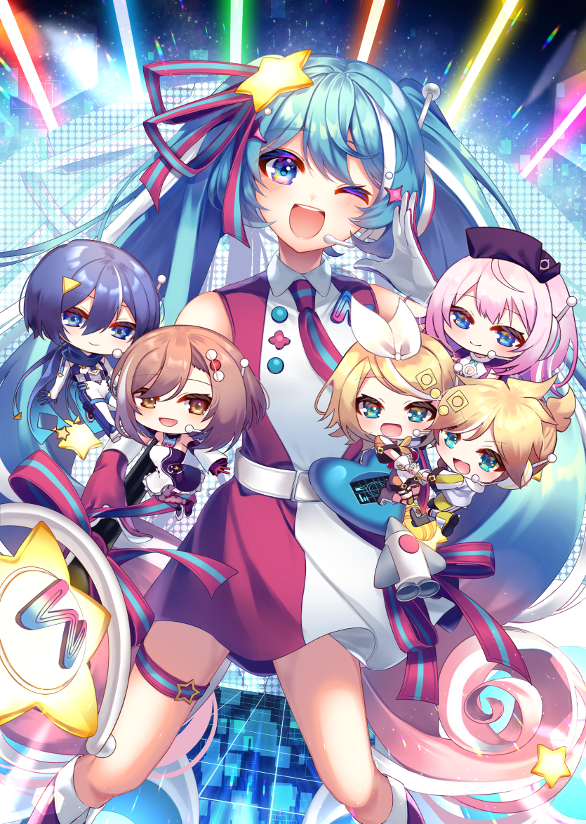 2boys 4girls :d ;d aqua_eyes aqua_hair belt blonde_hair blue_eyes blue_hair blue_necktie brown_eyes brown_hair chibi closed_mouth collared_dress commentary_request dress gloves glowing gradient_hair hair_between_eyes hair_ornament hatsune_miku headset kagamine_len kagamine_rin kaito_(vocaloid) magical_mirai_(vocaloid) magical_mirai_kaito magical_mirai_kaito_(2022) magical_mirai_len magical_mirai_len_(2022) magical_mirai_luka magical_mirai_luka_(2022) magical_mirai_meiko magical_mirai_meiko_(2022) magical_mirai_miku magical_mirai_miku_(2022) magical_mirai_rin magical_mirai_rin_(2022) megurine_luka meiko_(vocaloid) multicolored_hair multiple_boys multiple_girls nanahi_tsubaki necktie one_eye_closed open_mouth pink_dress pink_gloves pink_hair pink_necktie pink_shoes radio_antenna shoes sleeveless sleeveless_dress smile solo_focus star_(symbol) star_hair_ornament streaked_hair teeth thigh_strap tongue triangle_hair_ornament twintails two-tone_gloves two-tone_necktie upper_teeth_only vocaloid white_belt white_dress white_gloves white_hair