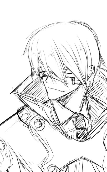 1boy blazblue blindfold cape greyscale male_focus mask monochrome mori_toshimichi necktie relius_clover sketch solo aged_down