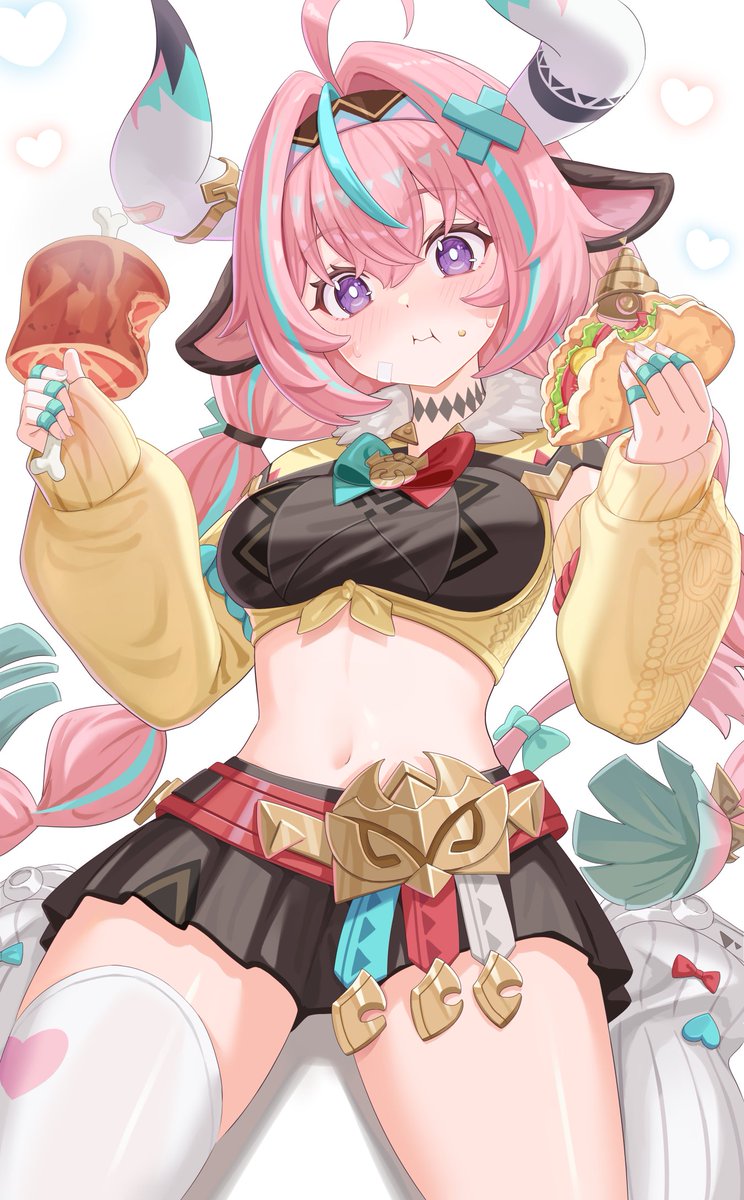 1girl ahoge animal_ear_piercing animal_ears aqua_bow aqua_bowtie aqua_hair bandaid bandaid_on_face bandaid_on_horn bell bell_earrings black_skirt blush bow bowtie braid breasts bright_pupils closed_mouth commentary_request cow_ears cow_girl cow_horns cow_tail cowbell detached_sleeves dot_nose ear_bell earrings eating food food_on_face genshin_impact hair_between_eyes hair_ornament hairband heart heart_print highres horn_ornament horns jewelry leg_warmers long_hair low_twin_braids medium_breasts midriff miniskirt multicolored_hair multicolored_hairband multiple_rings navel neck_tattoo pink_bandaid pink_hair pink_tail pleated_skirt print_thighhighs purple_eyes red_bow red_bowtie ring single_thighhigh skirt solo streaked_hair taco tail tail_bow tail_ornament tattoo thighhighs tsukimi_yaya twin_braids two-tone_bow two-tone_bowtie two-tone_hair varesa_(genshin_impact) very_long_hair white_background white_horns white_leg_warmers white_pupils white_thighhighs x_hair_ornament yellow_sleeves