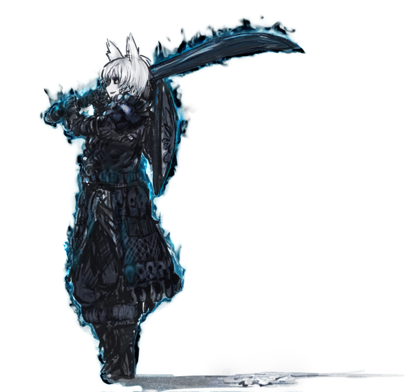 1girl animal_ears armor blue_fire cosplay dark_souls_(series) dark_souls_i faulds female_focus fire full_body greatsword inubashiri_momiji nameo_(judgemasterkou) over_shoulder pale_skin shield shiva_of_the_east shiva_of_the_east_(cosplay) short_hair smirk solo sword sword_over_shoulder third-party_edit touhou weapon weapon_over_shoulder white_background white_hair wolf_ears