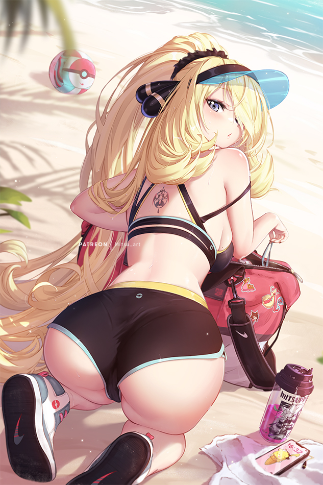 1girl alternate_costume ass back_tattoo bag beach bikini blonde_hair bottle cellphone character_tattoo commentary cynthia_(pokemon) duffel_bag english_commentary from_behind game_freak garchomp gastrodon gen_3_pokemon gen_4_pokemon grey_eyes hair_spread_out long_hair looking_back milotic mitsu_(mitsu_art) nail_polish nike_(company) nintendo outdoors phone poke_ball_symbol pokemon pokemon_dppt shoe_soles shoes short_shorts shorts smartphone solo swimsuit tattoo tree very_long_hair water water_bottle