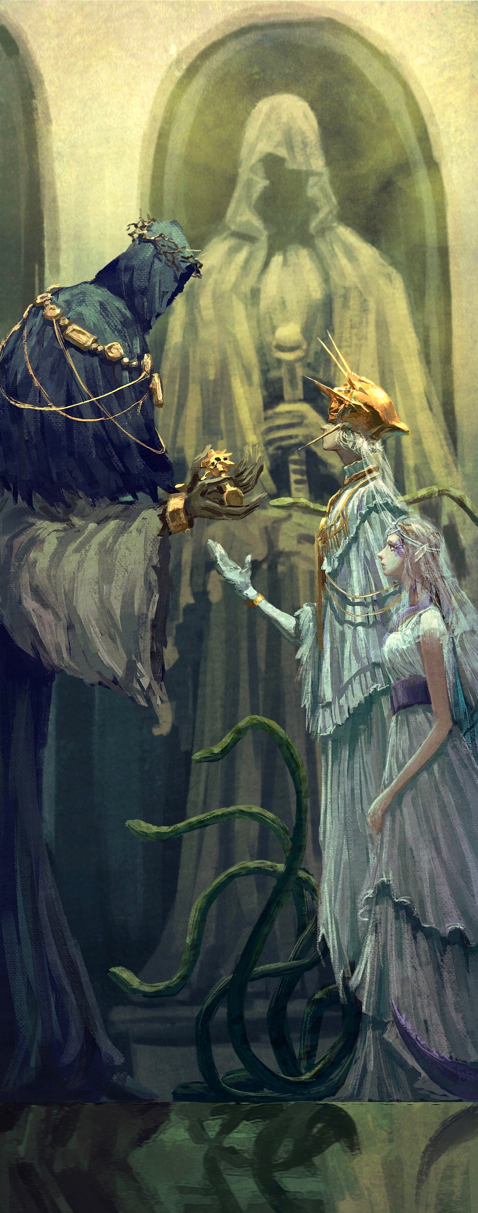 1girl 2boys black_cape bracelet cape character_request commentary company_captain_yorshka dark_souls_(series) dark_souls_i dark_souls_iii dark_sun_gwyndolin dress english_commentary from_side full_body gold_headwear gold_trim grey_hair highres holding jewelry multiple_boys see-through_clothes see-through_veil short_hair snake standing statue torn_clothes tworain_w veil white_dress white_hair wide_sleeves