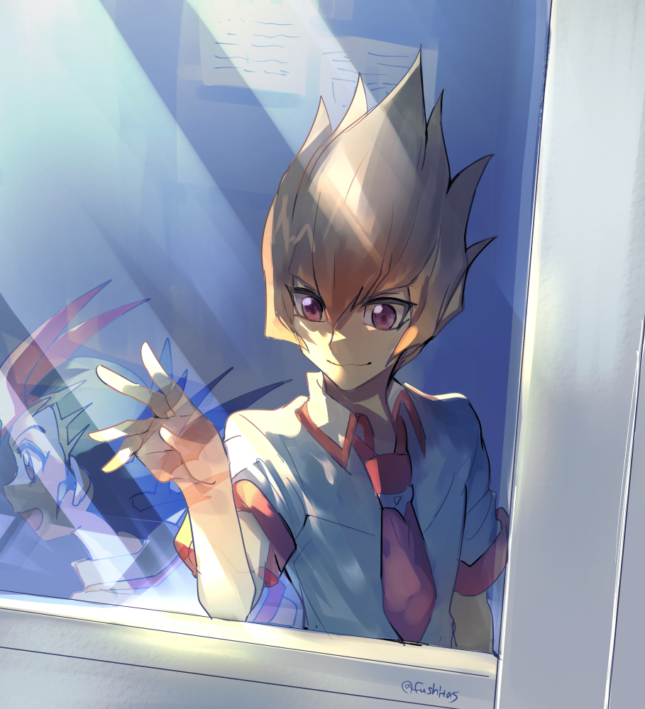 2boys brown_hair closed_mouth collared_shirt fushitasu hair_between_eyes indoors looking_outside male_focus multiple_boys necktie red_necktie reflection shirt short_hair short_sleeves signature spiked_hair tsukumo_yuma vector_(yu-gi-oh!) white_shirt yu-gi-oh! yu-gi-oh!_zexal