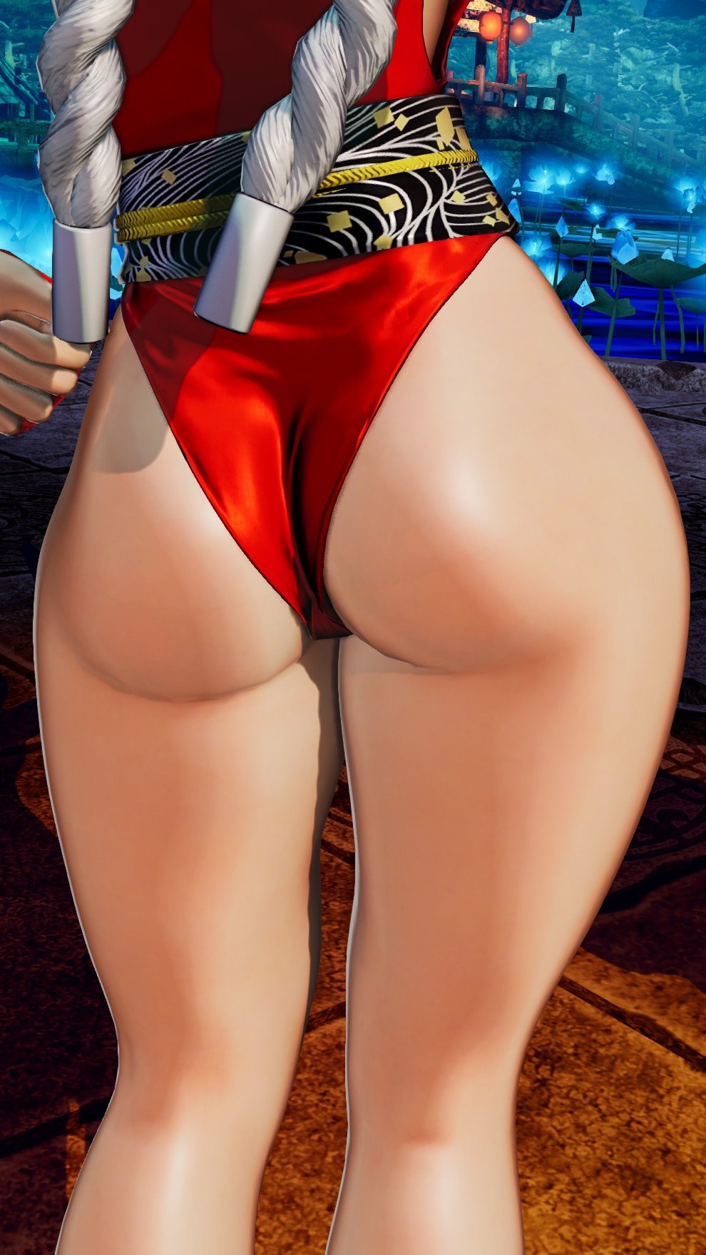 1girl 3d ass ass_focus bare_legs butt_crack head_out_of_frame high_ponytail highleg highleg_leotard highres leotard long_hair lower_body ponytail red_leotard ryona screencap shiny_skin shiranui_mai skindentation snk the_king_of_fighters the_king_of_fighters_xv third-party_edit very_long_hair