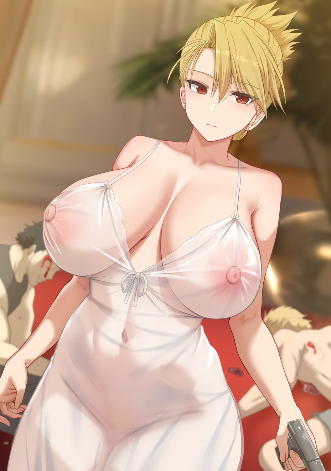1girl 2boys alternate_breast_size blonde_hair blood blurry blurry_background breasts breasts_apart closed_mouth covered_erect_nipples covered_navel death dress earrings fullmetal_alchemist ginhaha gunshot_wound highres huge_breasts jewelry multiple_boys nipples red_eyes riza_hawkeye see-through_clothes see-through_dress solo_focus stud_earrings variant_set