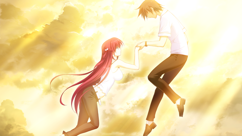 1boy 1girl belt black_hair black_pants black_shoes bow breasts camisole cloud cloudy_sky denim flying full_body fumio_(ura_fmo) game_cg grisaia_(series) grisaia_no_kajitsu hair_bow hair_rings holding_hands jeans kazami_yuuji large_breasts loafers long_hair looking_at_another loose_belt midriff non-web_source outdoors pants parted_lips red_hair shirt shoes short_hair short_sleeves sky socks suou_amane very_long_hair watch white_belt white_bow white_camisole white_shirt white_socks wristwatch yellow_sky