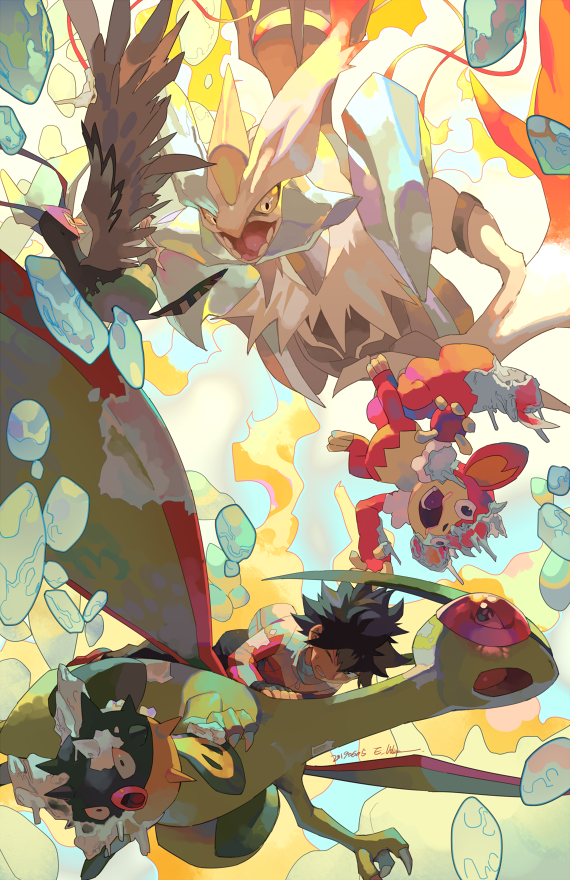 1boy black_hair clenched_teeth closed_eyes commentary_request e_volution fanny_pack fingerless_gloves flygon gen_2_pokemon gen_3_pokemon gen_5_pokemon gloves hugh_(pokemon) ice_shard kyurem legendary_pokemon long_sleeves nintendo pokemon pokemon_(creature) pokemon_bw2 qwilfish riding riding_pokemon simisear spiked_hair teeth unfezant unfezant_(male) watermark white_kyurem