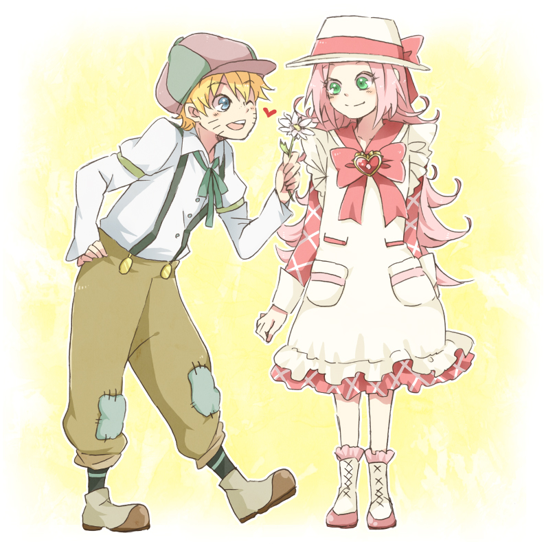 1boy 1girl ashita_no_nadja boots cosplay crossover dress flower green_eyes hanami_kotoha hat looking_at_another mahou_girls_precure! nadja_applefield nadja_applefield_(cosplay) naruto_(classic) naruto_(series) non-web_source one_eye_closed parody pink_hair precure uzumaki_naruto