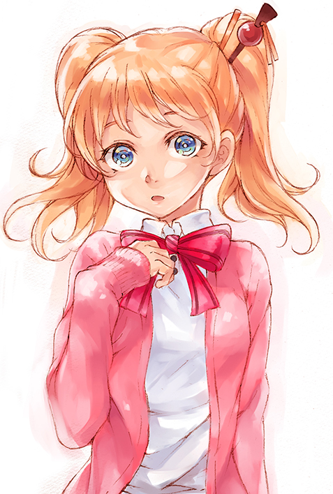 1girl alice_cartelet blonde_hair blue_eyes bow bowtie cardigan commentary_request haruhito_(divineshalt) kin-iro_mosaic long_hair looking_at_viewer open_mouth pink_cardigan school_uniform simple_background solo twintails upper_body white_background