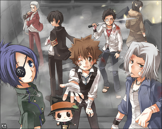 00s 1girl 6+boys bandages blood child chrome_dokuro dokuro_chrome eyepatch gokudera_hayato hat hibari_kyouya katekyo_hitman_reborn! kurot lambo leon_(reborn) lizard multiple_boys one_eye_closed reborn sasagawa_ryohei sawada_tsunayoshi school_uniform serafuku shueisha sword tsuna weapon wink yamamoto_takeshi