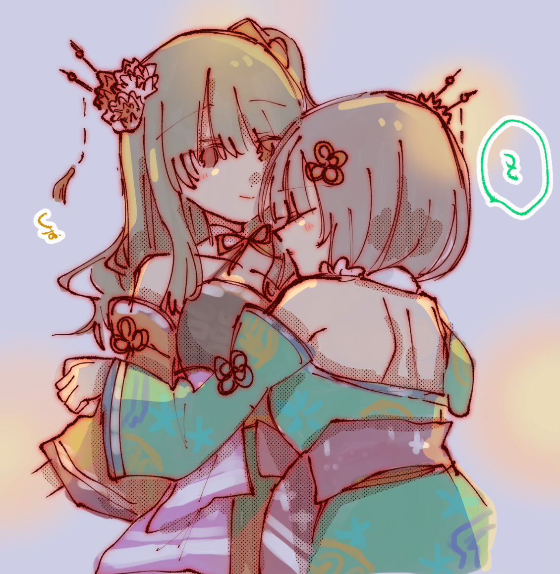 2girls assault_lily bare_shoulders black_hair blush brown_hair closed_eyes closed_mouth collar commentary cowboy_shot detached_sleeves flower flower_knot green_kimono grey_background hair_between_eyes hair_flower hair_ornament hair_stick hand_up heads_together heterochromia japanese_clothes kimono kuo_shenlin long_hair long_sleeves looking_at_another multiple_girls neck_ribbon no_pupils obi official_alternate_costume one_side_up orange_background pink_flower red_eyes ribbon rui_rui_rui0122 sash sidelocks sleeping sleeping_on_person sleeping_upright speech_bubble spoken_zzz standing tassel tassel_hair_ornament two-tone_background wang_yujia white_collar wide_sleeves yellow_eyes yuri zzz