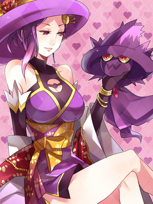 1girl bad_id bad_pixiv_id breasts cleavage crossed_legs gen_4_pokemon ghost_tail hair_ornament hat heart large_breasts mismagius mojya nintendo nobunaga_no_yabou nouhime nouhime_(sengoku_musou) pokemon pokemon_(creature) pokemon_conquest purple_hair red_eyes sitting