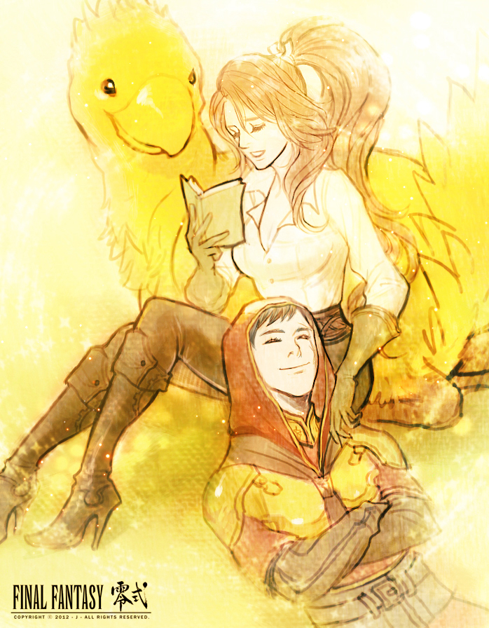 1boy 1girl black_hair book brown_hair chocobo copyright_name final_fantasy final_fantasy_type-0 gloves hanaharu_emina hood j_(onose1213) kunagiri_izana logo long_hair open_book ponytail reading square_enix