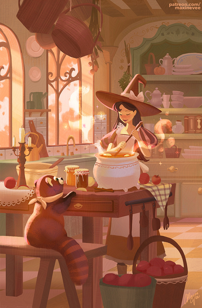 1girl apple apron basket bench black_hair book boots bow bowl brown_boots brown_skirt candle candlestand cauldron cinnamon_stick closed_eyes closed_mouth commentary cooking counter day drawer foliage food fruit full_body hat hat_bow herb_bundle holding holding_spoon indoors jar kitchen long_hair maxine_vee original patreon_username plate puffy_short_sleeves puffy_sleeves pumpkin purple_hat purple_shirt raccoon shirt short_sleeves signature sink skirt solo sparkle spoon steam stirring table tablecloth teapot tile_floor tiles tray two-handed white_apron white_bow window window_shadow witch_hat