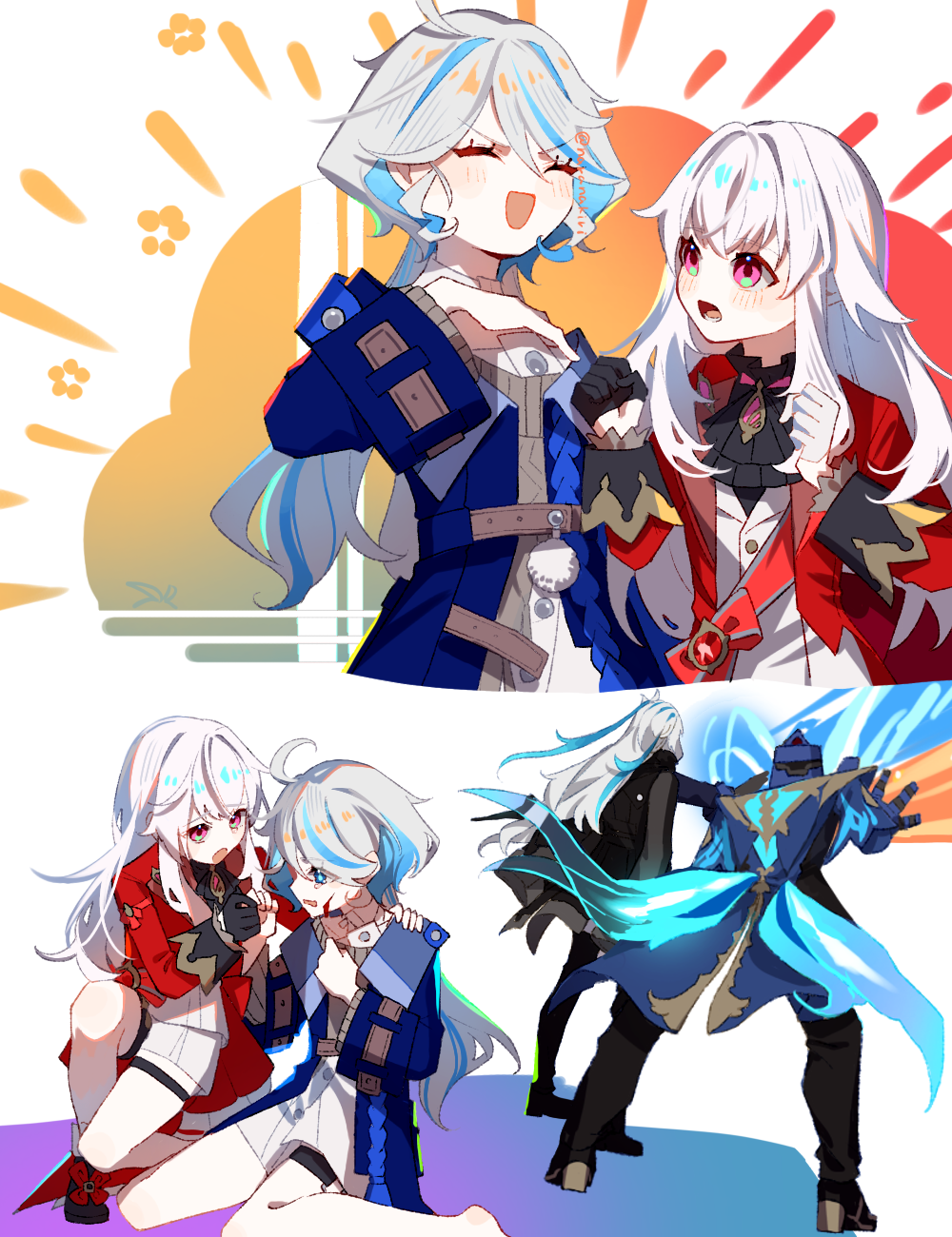 2boys 2girls ahoge ascot belt black_ascot black_gloves black_jacket black_pants blue_hair blue_jacket boots clara_(honkai:_star_rail) clara_(honkai:_star_rail)_(cosplay) closed_eyes commentary_request company_connection cosplay costume_switch crying crying_with_eyes_open energy_beam eyes_visible_through_hair furina_(genshin_impact) furina_(genshin_impact)_(cosplay) genshin_impact gloves hand_on_own_chest highres holding_hands honkai:_star_rail honkai_(series) jacket kneeling long_hair long_sleeves looking_at_another mihoyo multicolored_hair multiple_boys multiple_girls nara_nakiri neuvillette_(genshin_impact) neuvillette_(genshin_impact)_(cosplay) pants platform_boots platform_footwear red_jacket robot shirt sidelocks sitting smile streaked_hair svarog_(honkai:_star_rail) svarog_(honkai:_star_rail)_(cosplay) tears twitter_username wariza white_background white_hair white_shirt