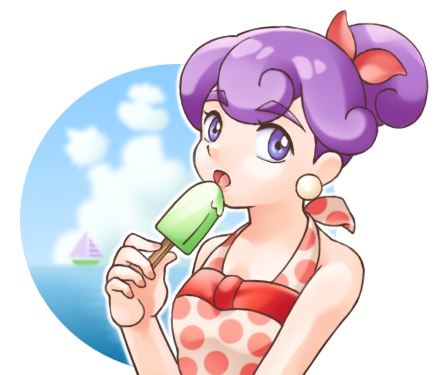 alternate_costume alternate_hairstyle boat burgundy_(pokemon) cloud cloudy_sky dress earrings food hair_bun ice_cream jewelry looking_at_viewer lowres nintendo one-piece_swimsuit open_mouth pearl_earrings pokemon pokemon_(anime) pokemon_bw_(anime) polka_dot polka_dot_dress ponytail popsicle purple_eyes purple_hair sailboat short_hair sky swimsuit thick_eyebrows water watercraft