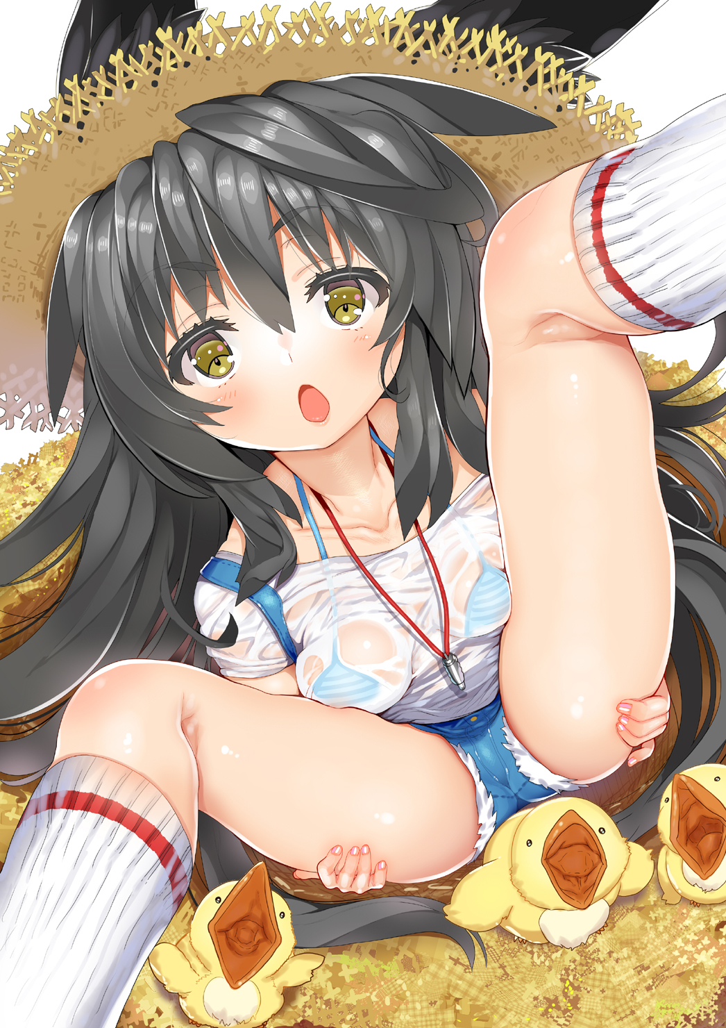 1girl animal_ears bird black_hair blush bra breasts char chick denim denim_shorts female_focus hat highres jewelry long_hair looking_at_viewer necklace necro-san open_mouth original see-through_clothes shirt shorts sitting small_breasts solo spread_legs suspenders suspenders_slip underwear wet wet_clothes wet_shirt yellow_eyes