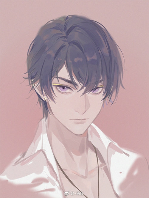 1boy artist_name blue_hair closed_mouth earrings jewelry looking_at_viewer male_focus marius_von_hagen_(tears_of_themis) necklace pink_background portrait purple_eyes reloon shirt short_hair simple_background solo tears_of_themis white_shirt