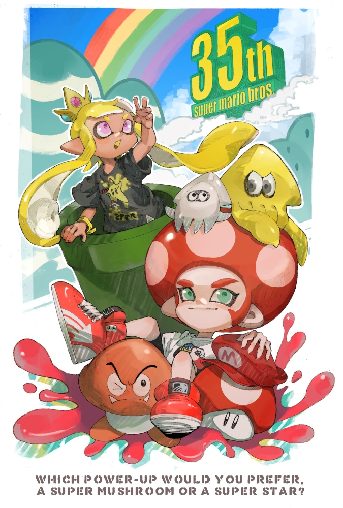 1boy 1girl afro animal animal_on_head arm_up black_shirt blonde_hair blooper_(mario) closed_mouth colored_tongue commentary_request copyright_name crossover crown dark-skinned_female dark_skin english_text full_body gold_crown goomba green_eyes high_tops inkling inkling_(swim_form) inkling_girl inkling_player_character long_hair mario_(series) nintendo octoling octoling_boy octoling_player_character on_head open_mouth panchicchi_(pixiv_101958735) pink_eyes pointy_ears print_shirt rainbow red_hair red_shoes shirt shoes short_sleeves smile sneakers splatoon_(series) splatoon_2 squid super_mushroom t-shirt tentacle_hair tilted_headwear twintails warp_pipe white_shirt wristband yellow_tongue