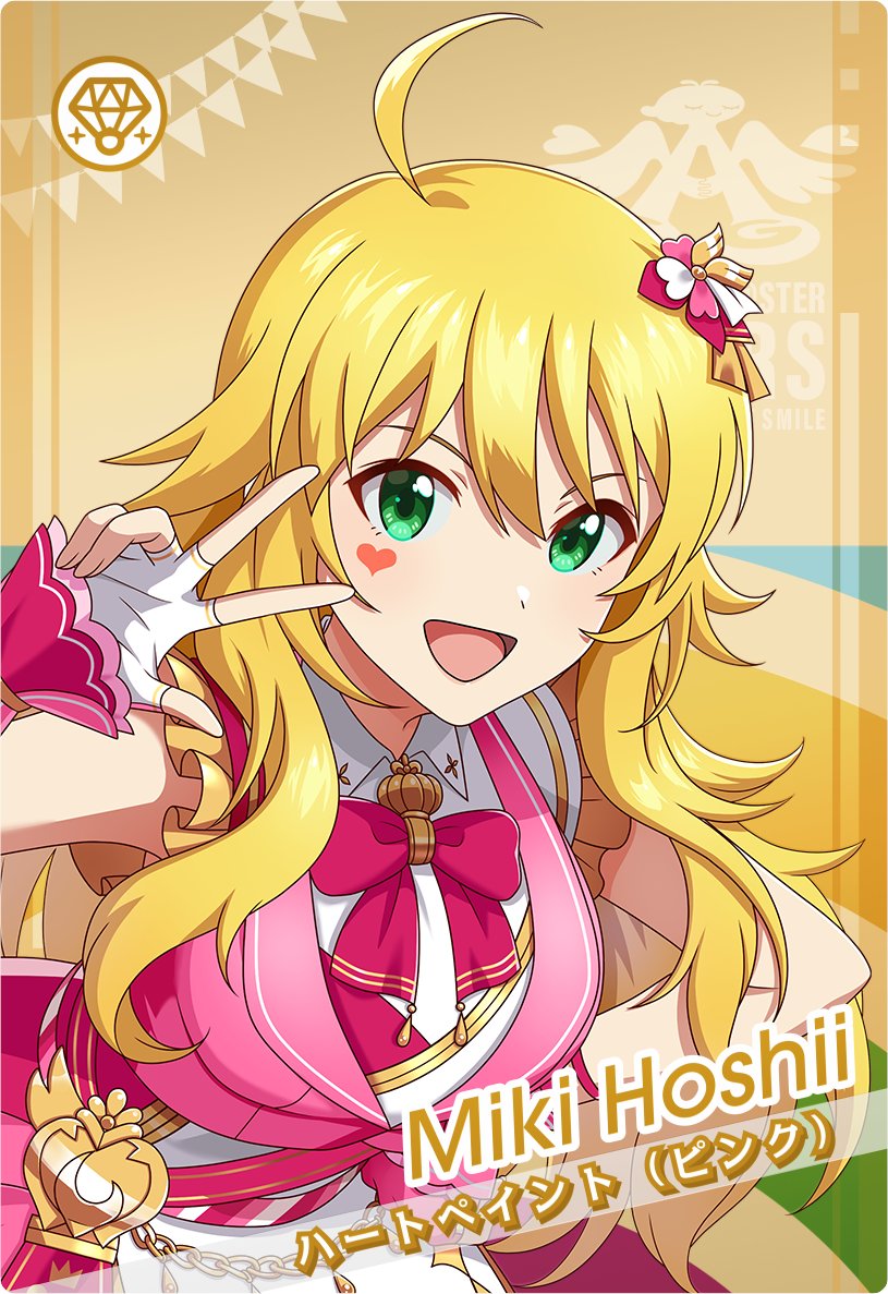 ahoge blonde_hair bow bowtie english_text fingerless_gloves flag gloves green_eyes hair_ornament heart hoshii_miki idol_clothes idolmaster idolmaster_(classic) idolmaster_tours japanese_text official_art open_mouth v