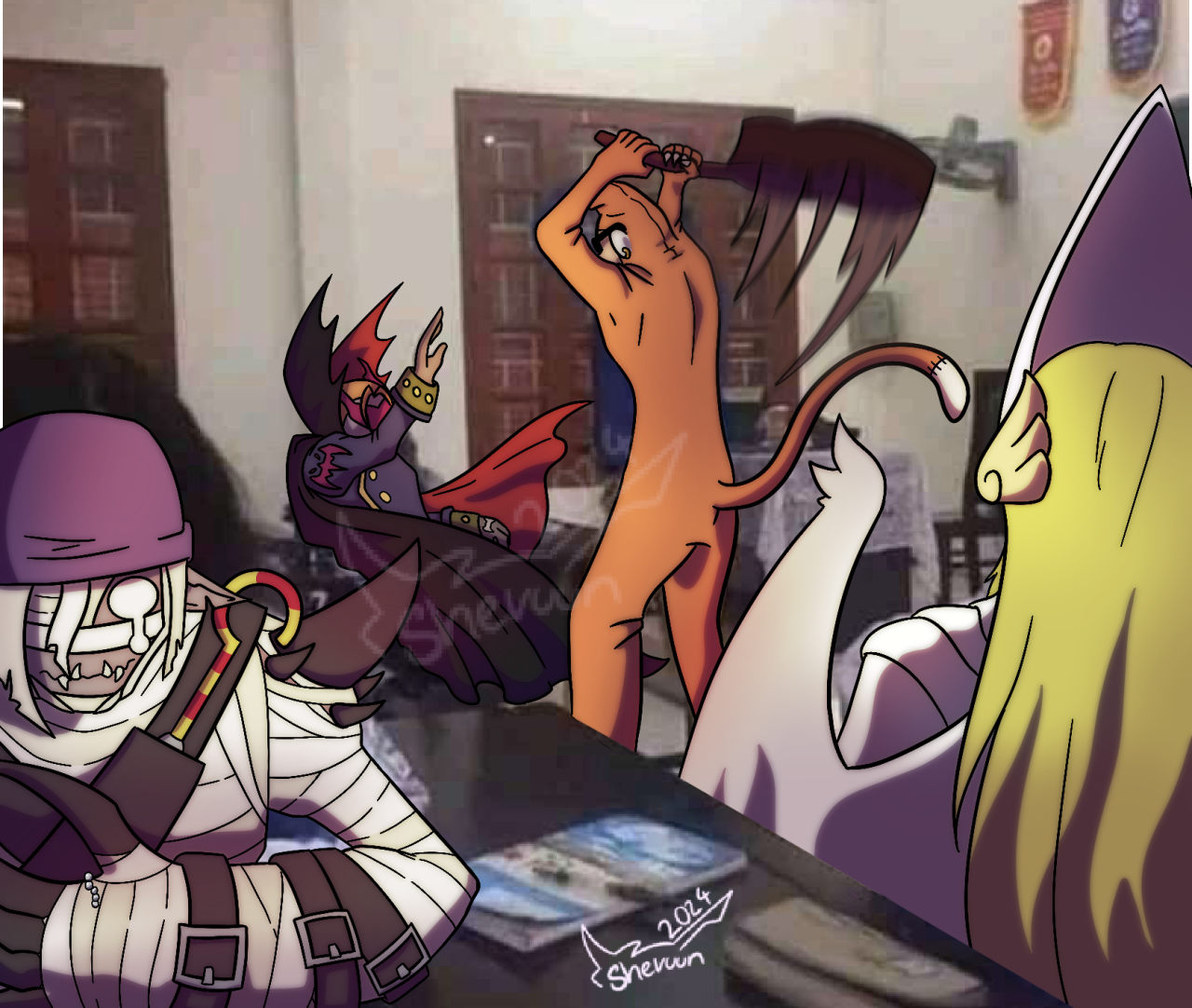 bandages belt digimon digimon_(creature) etemon guitar hat holyangemon holyangemon_priest_mode instrument long_hair meme monster_boy mummy mummy_boy mummymon tail yellow_eyes