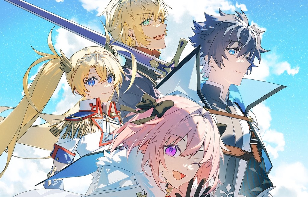 1girl 3boys ;d astolfo_(fate) belt black_bow black_gloves black_hair blonde_hair blue_eyes blue_sky bow bradamante_(fate) braid brown_belt cape charlemagne_(fate) charlemagne_(first_ascension)_(fate) chest_belt closed_mouth cloud cousins epaulettes fang fate/grand_order fate_(series) fringe_trim fur-trimmed_cape fur_trim gloves hair_bow hair_intakes holding holding_sword holding_weapon idass_(idass16) jacket long_hair looking_at_viewer multicolored_hair multiple_boys one_eye_closed open_mouth pink_hair purple_eyes redrawn roland_(fate) short_hair short_sleeves shoulder_belt skin_fang sky smile streaked_hair sword twintails upper_body weapon white_cape white_hair white_jacket