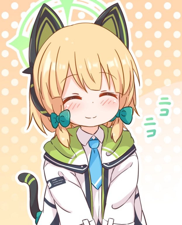 1girl animal_ear_headphones animal_ears araki495 blonde_hair blue_archive blue_necktie bow cat_tail closed_eyes closed_mouth collared_shirt facing_viewer fake_animal_ears green_bow green_halo hair_between_eyes hair_bow halo headphones jacket long_sleeves midori_(blue_archive) necktie open_clothes open_jacket shirt short_hair smile solo tail upper_body white_jacket white_shirt
