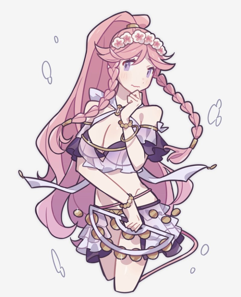 1girl braid breasts cleavage closed_mouth cropped_legs fire_emblem fire_emblem_awakening flower_wreath haconeri head_wreath high_ponytail large_breasts long_hair nintendo olivia_(fire_emblem) olivia_(summer)_(fire_emblem) pink_hair ponytail purple_eyes simple_background solo sparkle twin_braids very_long_hair wavy_mouth white_background