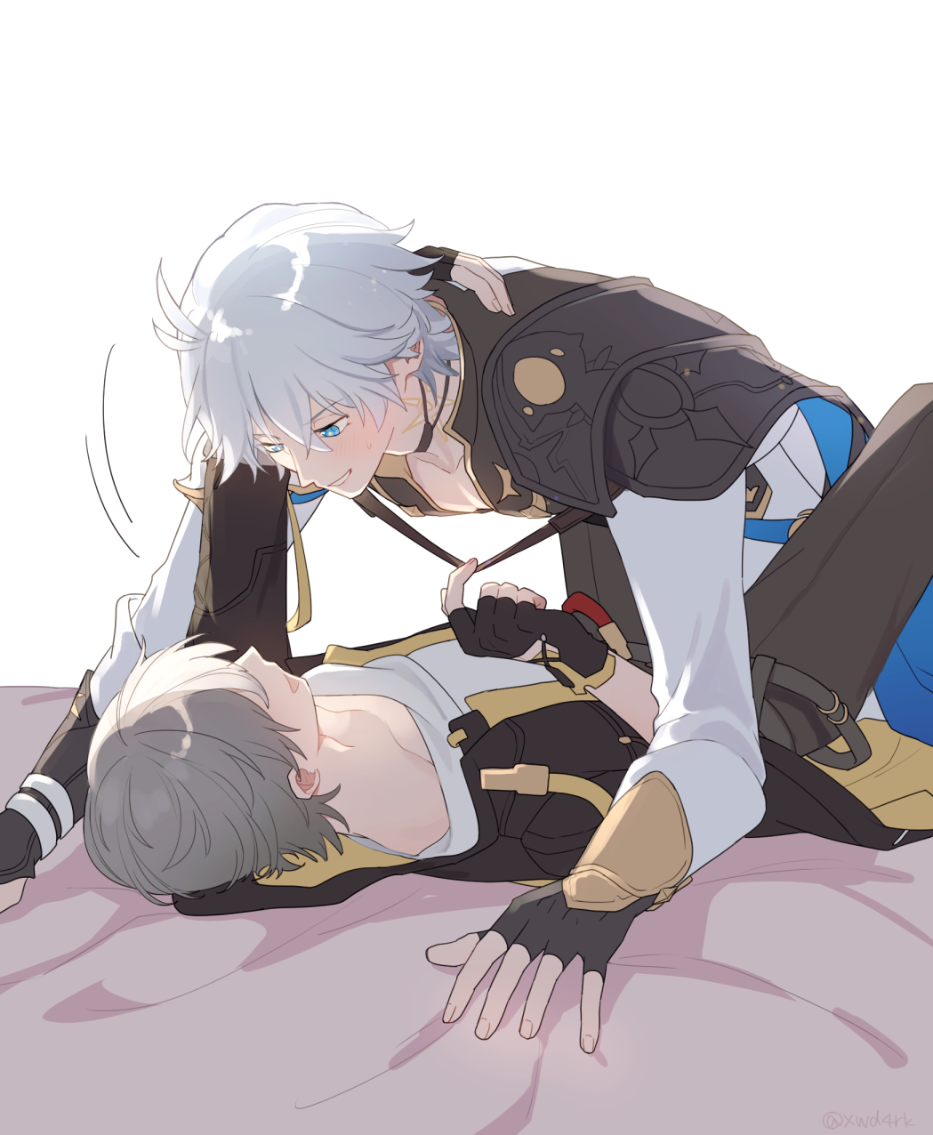 2boys antenna_hair black_cape black_choker black_coat black_gloves black_pants blue_cape blue_eyes blush caelus_(honkai:_star_rail) cape choker coat collarbone commentary_request fingerless_gloves fingernails gloves grey_hair hand_around_neck highres honkai:_star_rail honkai_(series) jacket long_sleeves looking_at_another looking_down lying male_focus multiple_boys on_back on_bed open_clothes open_coat open_mouth pants phainon_(honkai:_star_rail) puffy_long_sleeves puffy_sleeves shirt short_hair simple_background smile sweatdrop t-shirt teeth trailblazer_(honkai:_star_rail) two-sided_cape two-sided_coat two-sided_fabric white_background white_hair white_jacket white_shirt xwd4rk yaoi yellow_coat