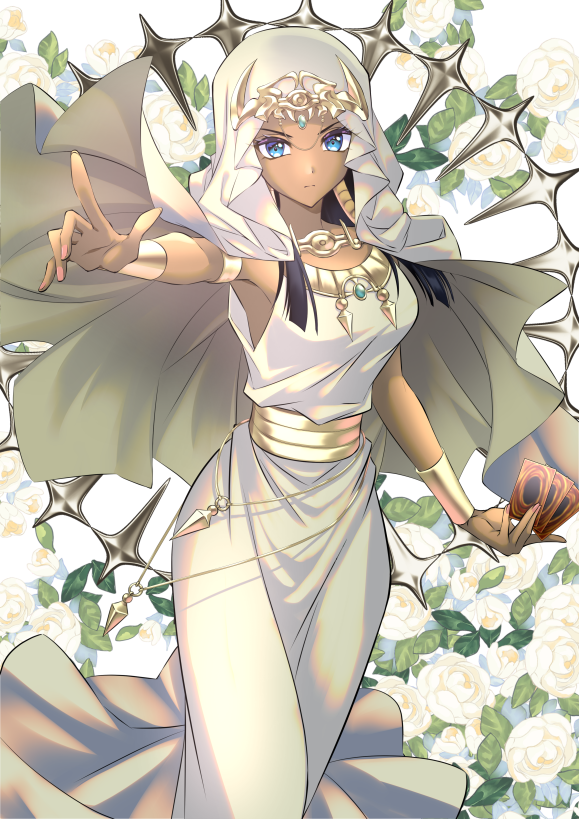 1girl black_hair blue_eyes card closed_mouth commission cowboy_shot dark-skinned_female dark_skin dress holding holding_card ishizu_ishtar kakiko210 long_hair looking_at_viewer millennium_necklace skeb_commission sleeveless sleeveless_dress solo veil white_dress white_veil yu-gi-oh! yu-gi-oh!_duel_monsters