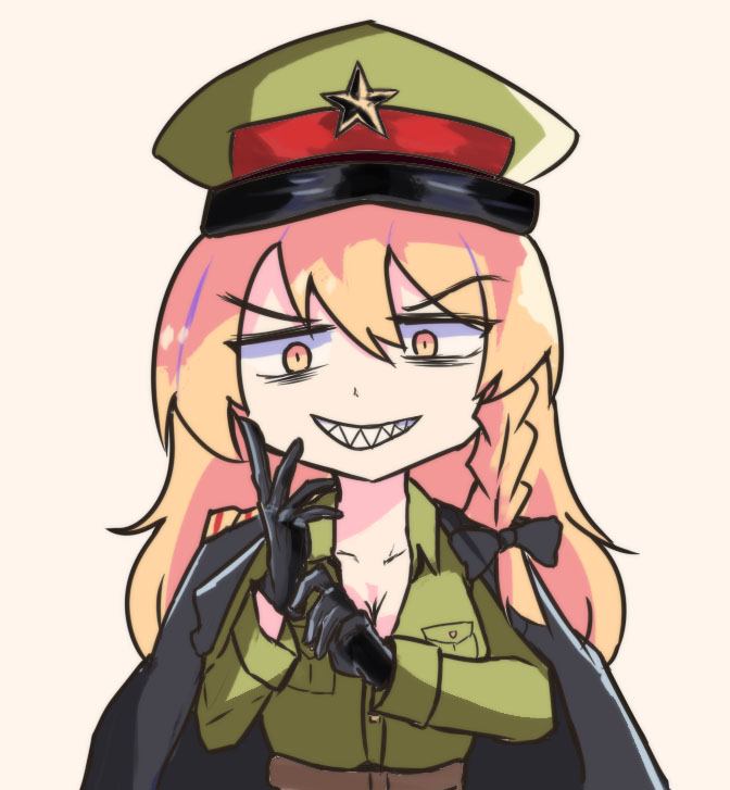 1girl adjusting_clothes adjusting_gloves bags_under_eyes belt black_bow black_coat black_gloves blonde_hair bow braid breasts brown_belt cleavage coat coat_on_shoulders commentary cookie_(touhou) gloves green_hat green_jacket grey_background grin hair_between_eyes hat hat_ornament jacket kirisame_marisa long_hair looking_at_viewer mikami_makoto military military_uniform mukenkairou peaked_cap sharp_teeth side_braid simple_background single_braid smile solo star_(symbol) star_hat_ornament teeth touhou upper_body yellow_eyes