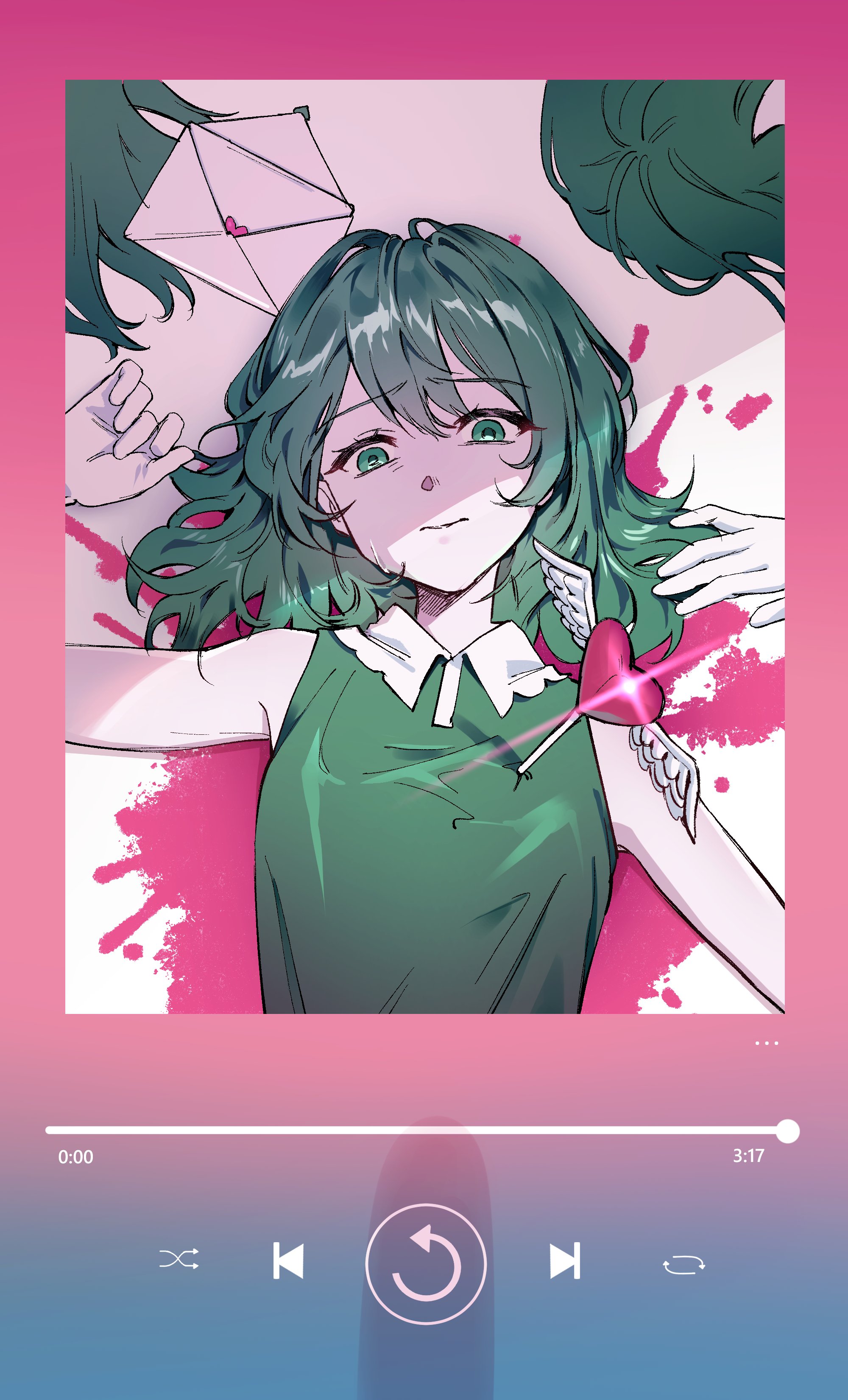 3girls absurdres arrow_(projectile) arrow_in_body blood blood_splatter breasts clone collared_dress dress frown furrowed_brow gloves gradient_background green_dress green_eyes green_hair head_tilt heart heart_arrow highres iyowa_girls letter looking_at_viewer love_letter lying media_player_interface medium_hair multiple_girls on_back parted_lips pink_blood sleeveless sleeveless_dress small_breasts solo_focus tabun_owari_(vocaloid) tawari_(iyowa) white_gloves yuckpo_(jerky_55)