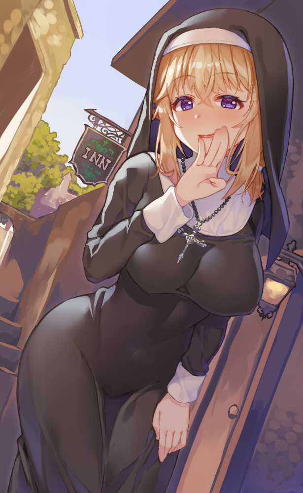 1girl blonde_hair blue_sky blush breasts building commentary_request covered_erect_nipples covered_navel covering_own_mouth cowboy_shot cross cross_necklace day dutch_angle female_focus habit hair_between_eyes hand_up inn jewelry kibanda_gohan lamppost large_breasts long_hair long_sleeves looking_at_viewer necklace no_bra no_panties nun ojou-sama_pose original outdoors parted_lips purple_eyes sidelocks sign skin_tight sky smile solo stairs standing traditional_nun tree village