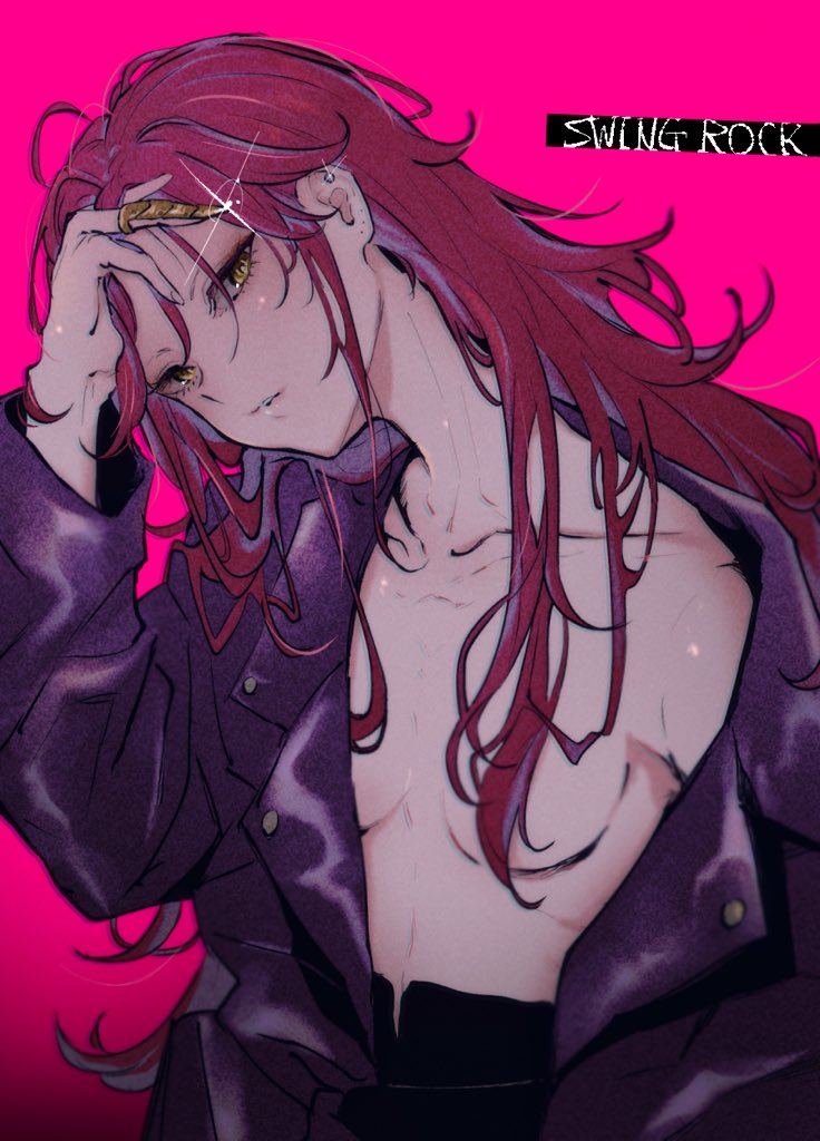 1girl aikatsu! aikatsu!_(series) bad_id bad_twitter_id black_jacket breasts brown_eyes claw_ring collarbone hair_down hand_up jacket leather leather_jacket long_hair long_sleeves looking_at_viewer naked_jacket open_clothes open_jacket otoshiro_seira parted_lips pink_background red_hair shiontaso simple_background small_breasts solo sparkle upper_body
