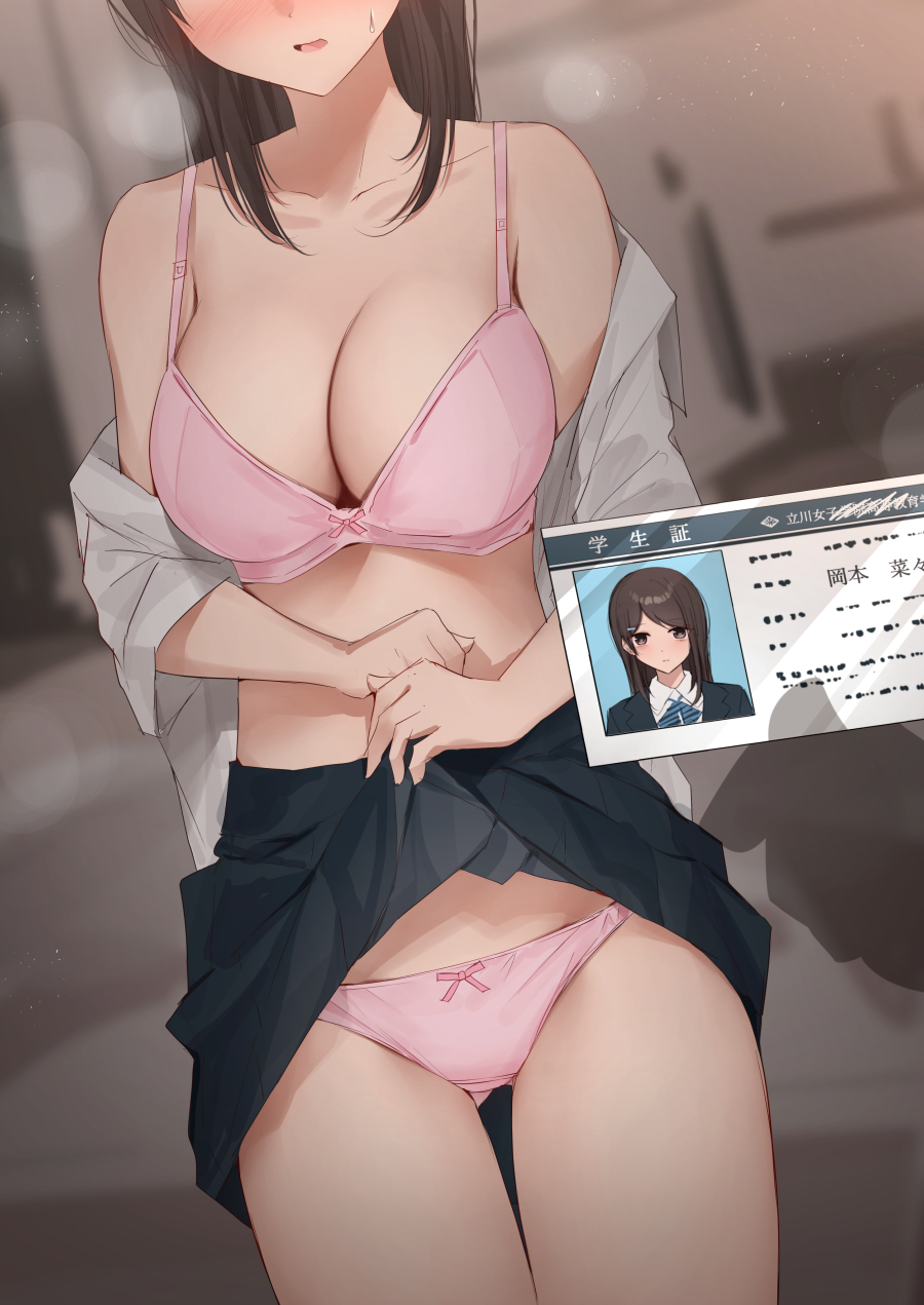 1boy 1girl age_difference bare_shoulders black_skirt blush bra breasts brown_eyes brown_hair cleavage clothes_lift collarbone commentary_request cowboy_shot facing_viewer gluteal_fold grey_shirt hair_ornament hairclip head_out_of_frame highres id_card kanju long_hair mole open_clothes open_mouth open_shirt original panties pink_bra pink_panties prostitution shirt skirt skirt_lift solo standing sweatdrop underwear