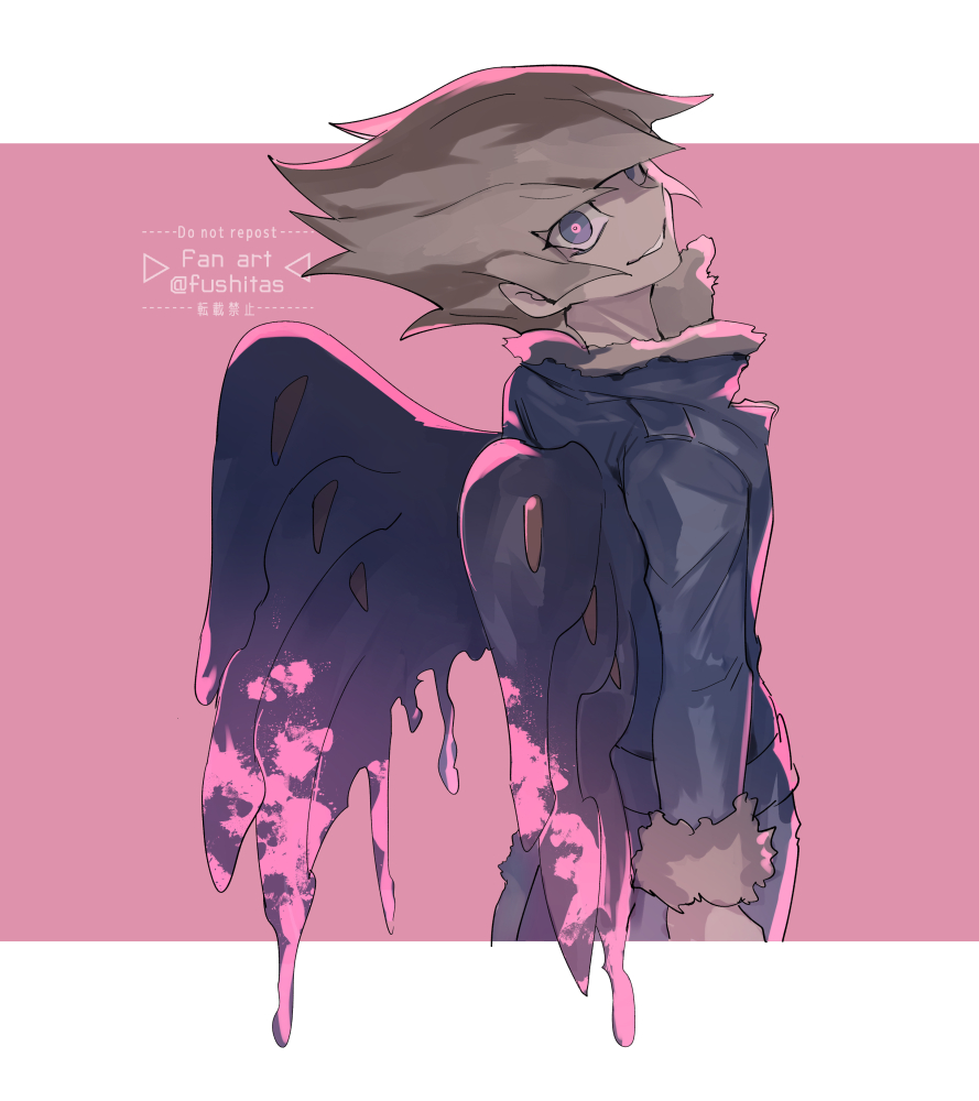 1boy arms_at_sides black_jacket brown_hair from_side fushitasu grey_eyes grin jacket long_sleeves looking_at_viewer male_focus melting_wings pink_pupils short_hair signature smile solo vector_(yu-gi-oh!) wings yu-gi-oh! yu-gi-oh!_zexal