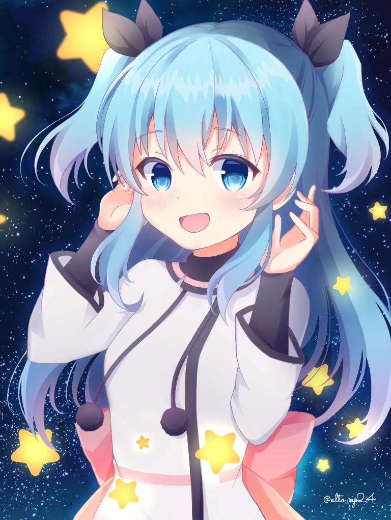 1girl alto_sy24 artist_name black_ribbon blue_eyes blue_hair blush bow commentary commentary_request dress hair_between_eyes hair_ribbon long_hair looking_at_viewer noel_(sora_no_method) open_mouth ribbon smile solo sora_no_method star_(sky) twintails two_side_up very_long_hair white_dress