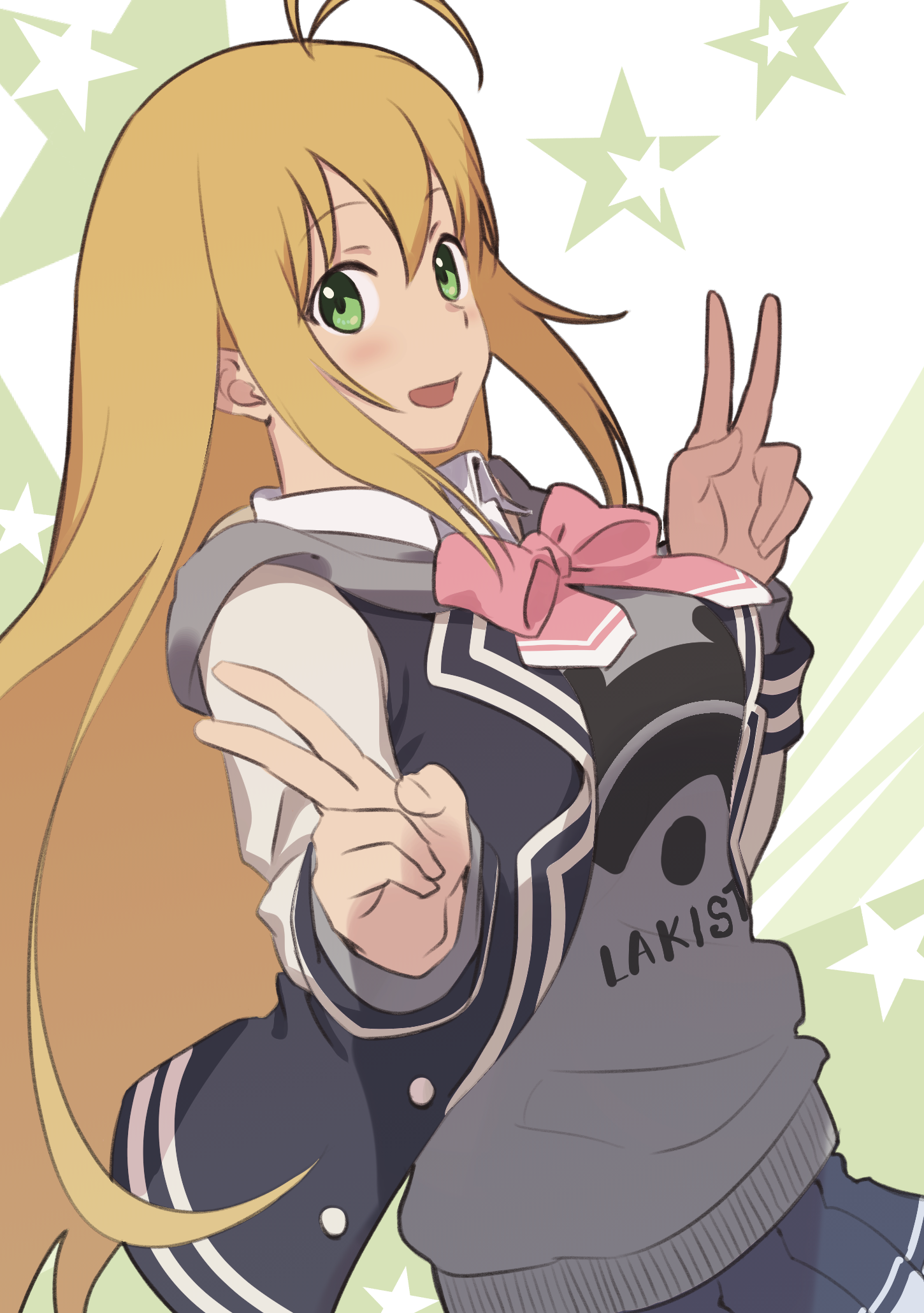 1girl antenna_hair blazer blonde_hair blue_jacket blue_skirt bow bowtie breasts cevio commentary cosplay double_v dutch_angle from_side green_eyes grey_hoodie highres hood hoodie jacket koharu_rikka light_blush long_hair looking_at_viewer medium_breasts miniskirt open_clothes open_jacket pink_bow pink_bowtie pleated_skirt skirt solo star_(symbol) star_symbol_background synthesizer_v tarokazu tsurumaki_maki upper_body v very_long_hair voiceroid