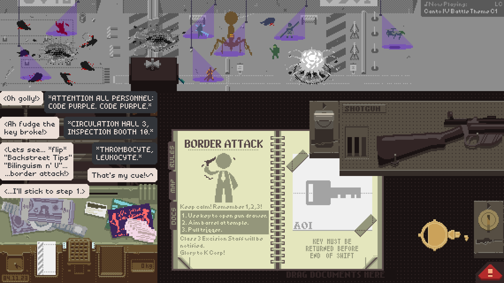broken character_name english_text fake_screenshot gameplay_mechanics gun highres hong_lu_(project_moon) instruction_manual key limbus_company lobotomy_corporation looking_at_viewer papers_please passport project_moon redm0e rifle weapon