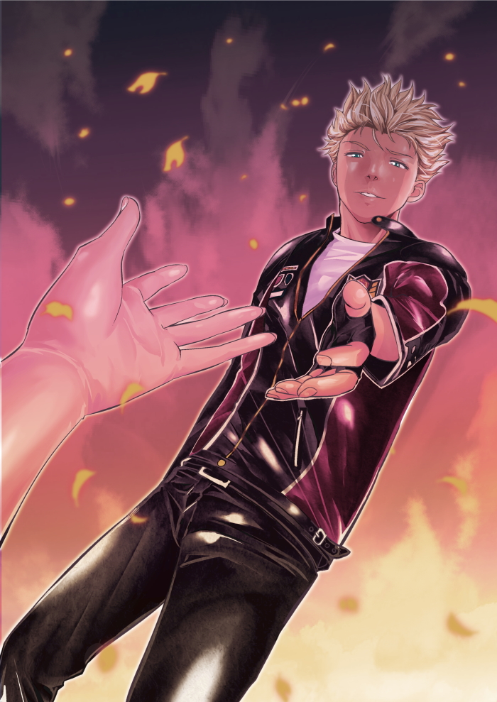 1boy bad_id bad_pixiv_id blonde_hair blue_eyes fire jacket jacky_bryant leather leather_jacket male_focus outstretched_hand pants pov sakomae_aichi sega solo_focus spiked_hair virtua_fighter virtua_fighter_5