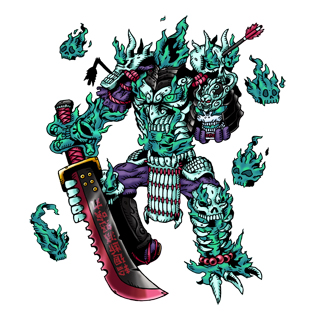 armor blue_fire digimon digimon_(creature) fire musyamon oridigi original samurai solo sword weapon