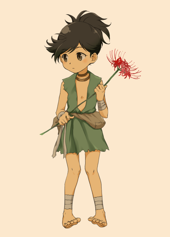 1girl barefoot black_eyes black_hair chigayasan closed_mouth dororo_(character) dororo_(tezuka) flower full_body holding holding_flower messy_hair ponytail short_hair simple_background solo spider_lily toenails