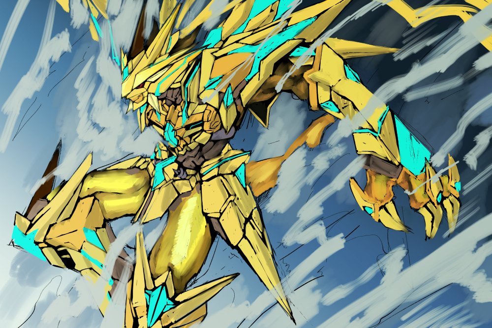 armor colored_skin digimon digimon_(creature) magnamon magnamon_x-antibody magnamon_x-antibody_gold_digizoid_mode red_eyes tail yellow_skin