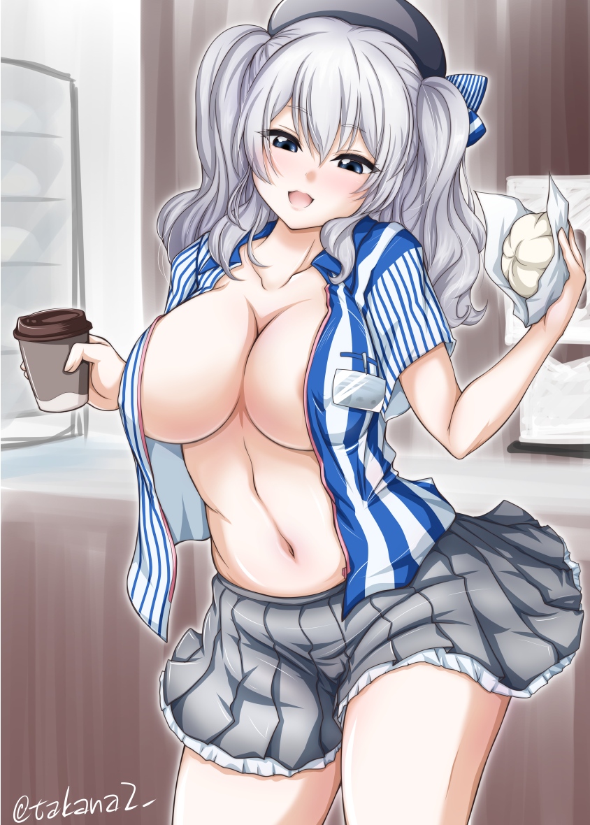 1girl areola_slip badge beret black_hat blue_bow blue_eyes blue_shirt blush bow breasts commentary_request cowboy_shot cup disposable_coffee_cup disposable_cup employee_uniform female_focus food frilled_skirt frills grey_skirt half-closed_eyes hat hat_bow head_tilt holding holding_cup holding_food indoors kantai_collection kashima_(kancolle) kashima_(lawson)_(kancolle) large_breasts lawson looking_at_viewer medium_hair miniskirt navel no_bra open_clothes open_mouth open_shirt partial_commentary pleated_skirt shirt short_sleeves sidelocks silver_hair skirt smile solo standing steamed_bun striped_clothes striped_shirt twintails twitter_username vertical-striped_clothes vertical-striped_shirt yts_takana