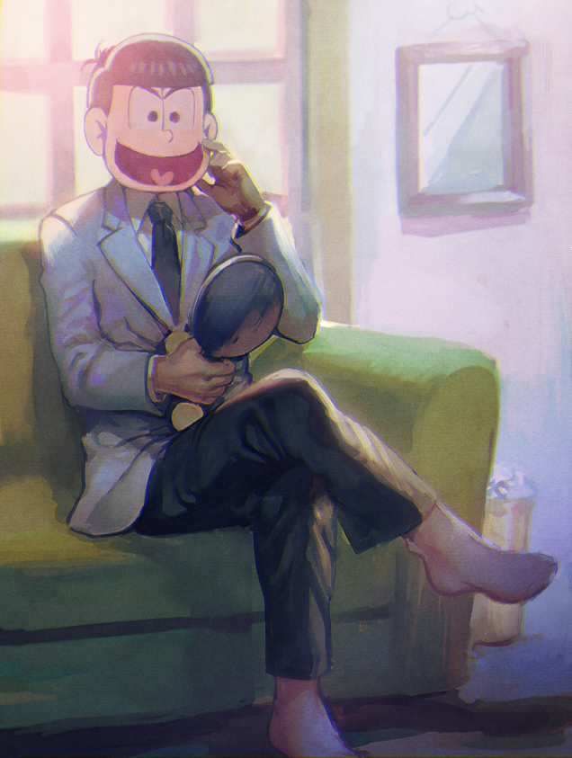 1boy alternate_costume antenna_hair aoki_(fumomo) barefoot black_eyes black_necktie black_pants blazer blunt_bangs brown_hair business_suit collared_jacket collared_shirt couch crumpled_paper feet formal_clothes full_body grey_jacket hand_mirror hand_on_own_cheek hand_on_own_face heart heart_in_mouth holding holding_mirror indoors jacket lapels layered_sleeves living_room long_sleeves looking_at_reflection male_focus matsuno_karamatsu mirror necktie night notched_lapels on_couch open_mouth osomatsu-san osomatsu_(series) pants photo_(object) picture_frame shirt short_hair sitting smile solo suit thick_eyebrows trash_can v-shaped_eyebrows white_shirt window