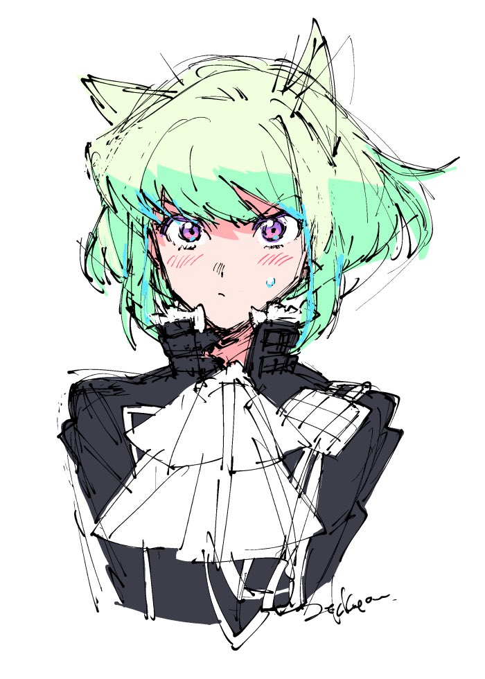 &gt;:( 1boy androgynous animal_ears artist_name ascot black_jacket closed_mouth green_hair jacket light_blush lio_fotia looking_at_viewer male_focus medium_hair pink_eyes promare sidelocks sketch solo trap v-shaped_eyebrows white_ascot white_background zekkyou_(h9s9)
