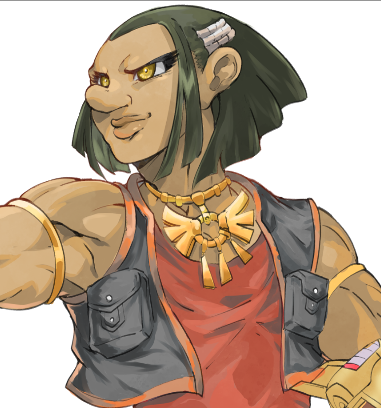 1boy austin_o&#039;brien bare_shoulders black_hair black_vest dark-skinned_male dark_skin duel_disk male_focus muscular muscular_male red_shirt shirt short_hair simple_background upper_body vest vincent_graphic_art white_background yellow_eyes yu-gi-oh! yu-gi-oh!_gx