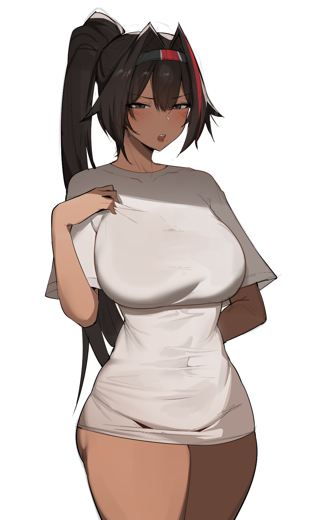 1girl arm_behind_back bay_(nikke) black_hair blush breasts brown_eyes clothes_pull covered_collarbone covered_navel dark-skinned_female dark_skin double-parted_bangs dr_octojuice goddess_of_victory:_nikke hair_between_eyes hair_intakes hairband hand_on_own_chest highres large_breasts long_hair looking_at_viewer mole mole_under_mouth multicolored_hair open_mouth ponytail pulling_own_clothes red_hair shirt shirt_pull simple_background solo streaked_hair t-shirt thighs very_long_hair white_background white_shirt