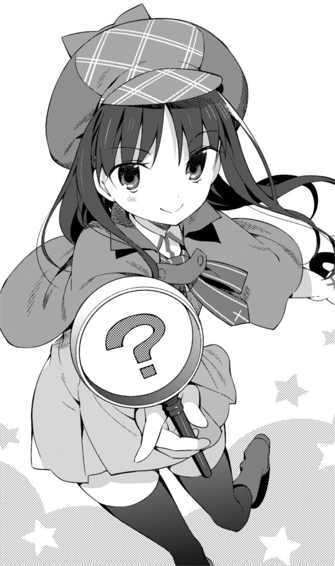 1girl ? alternate_costume boots bow bowtie capelet closed_mouth deerstalker greyscale hanabana_tsubomi hat holding holding_magnifying_glass kara_no_kyoukai long_hair looking_at_viewer magnifying_glass monochrome ryougi_mana simple_background skirt smile solo thighhighs type-moon